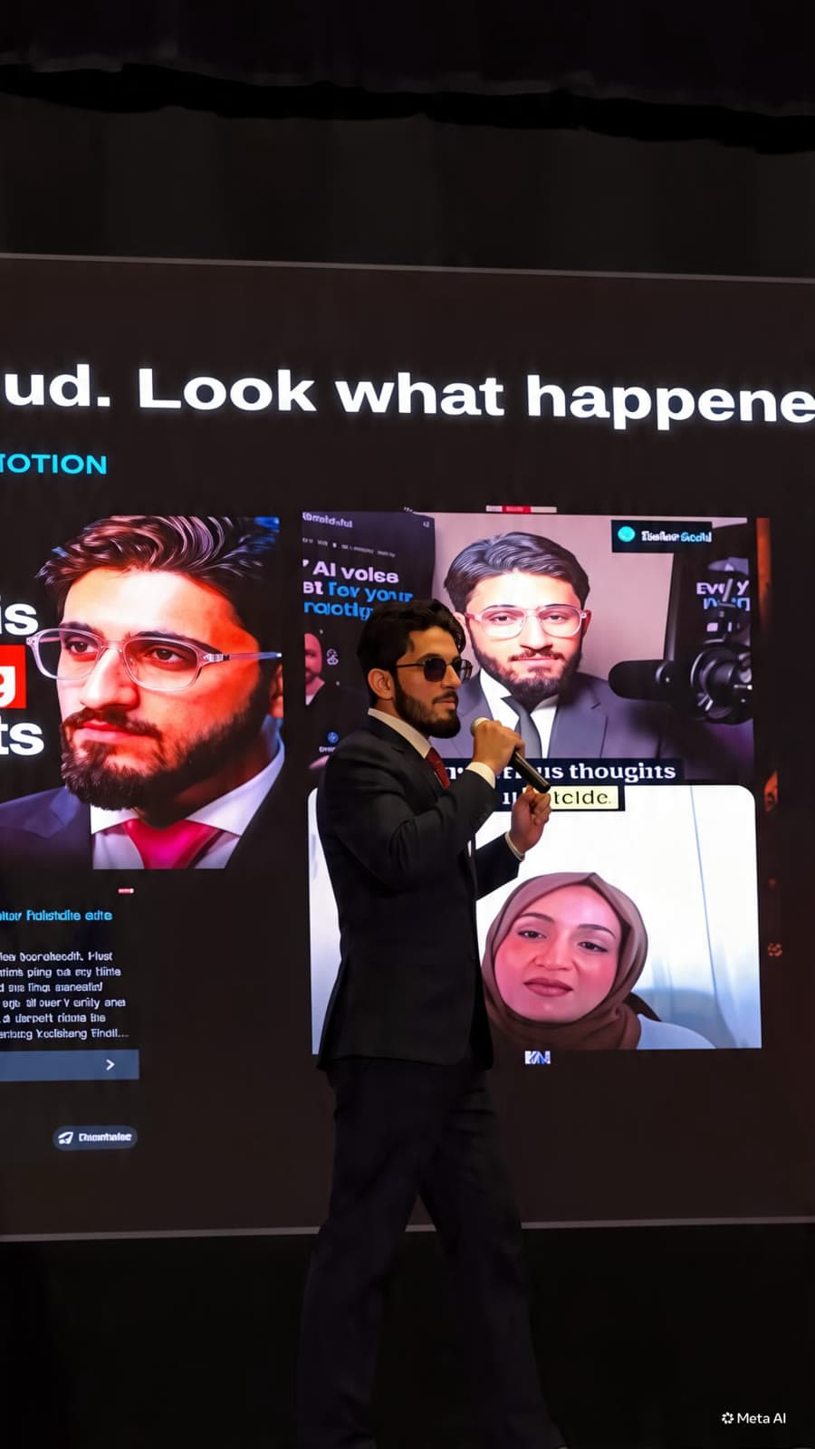 Mid-talk in front of a projected screen.