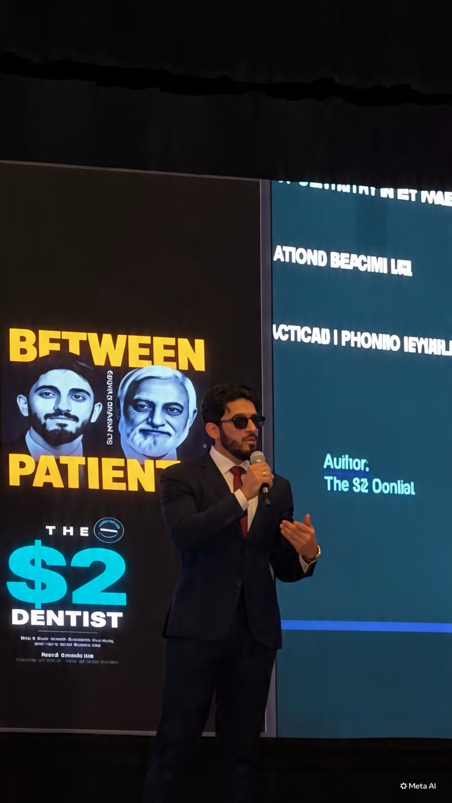 On stage beside the Between Patients and The $2 Dentist artwork.