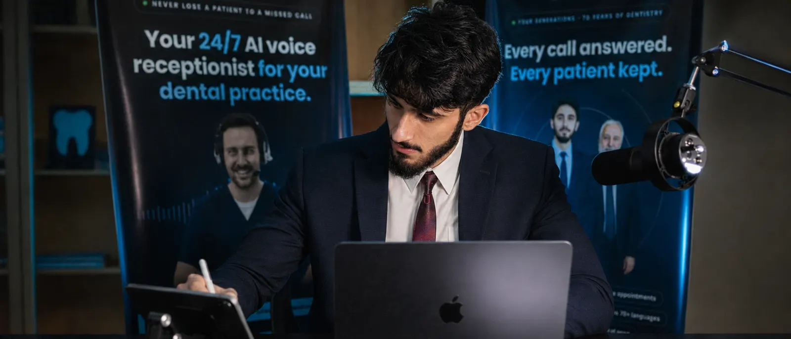 Moiz Khurram working at a desk between two SelenicAI banners, laptop and tablet open.