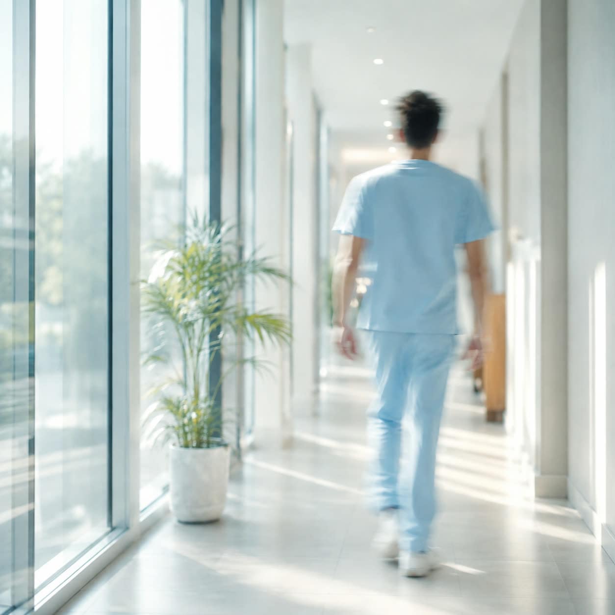 A clinician walking down a sunlit practice corridor.
