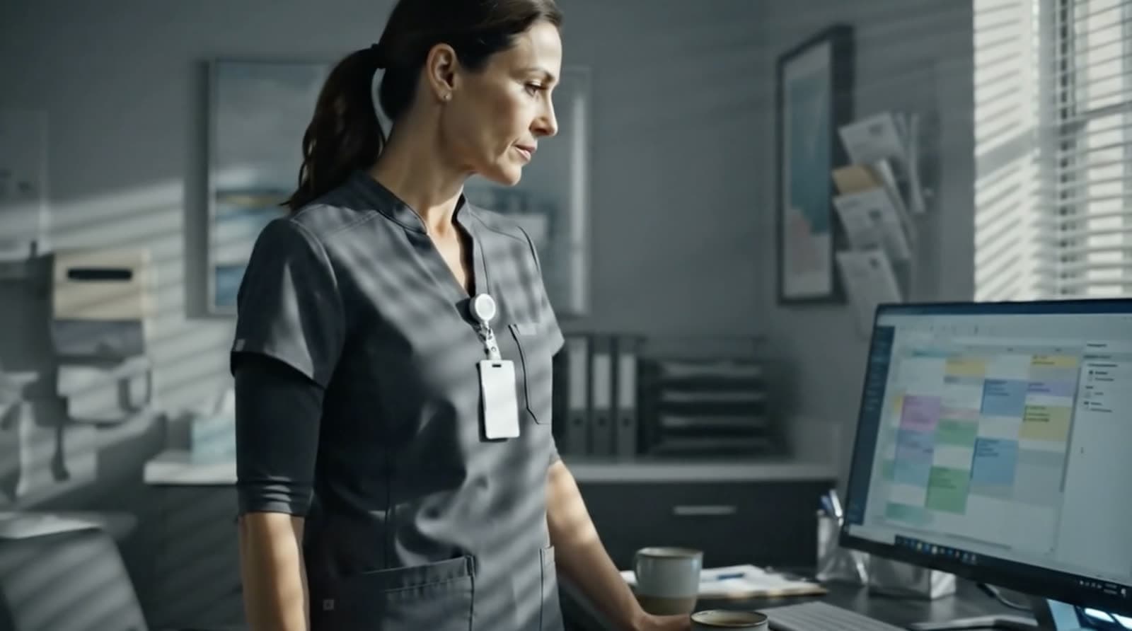 A practice manager at a screen showing an appointment diary.