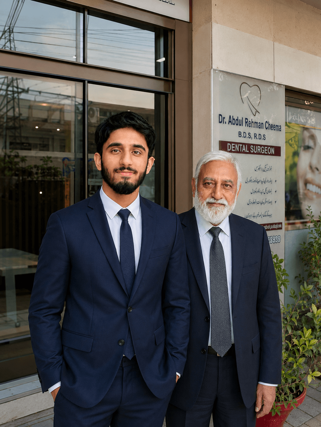 Moiz Khurram with his grandfather outside their dental surgery in Lahore.